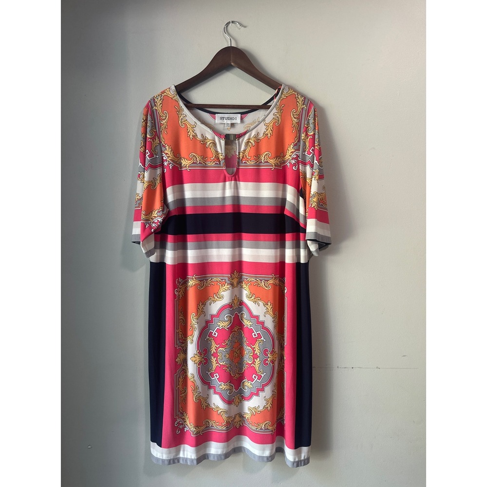 Studio I Women 18W Scarf Print Keyhole Sheath Dress Plus Size Travel Work
